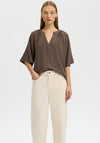 Selected Femme Viva V Neck Lien Blend Blouse, Brown