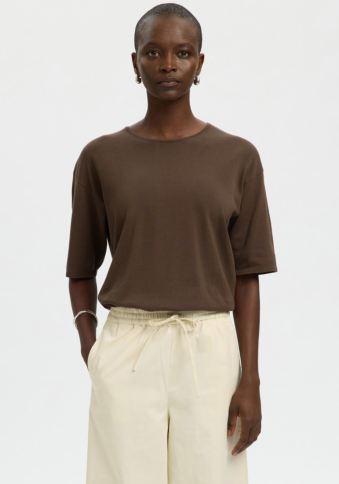 Selected Femme Toledo Knit Short Sleeve Sweater, Brown