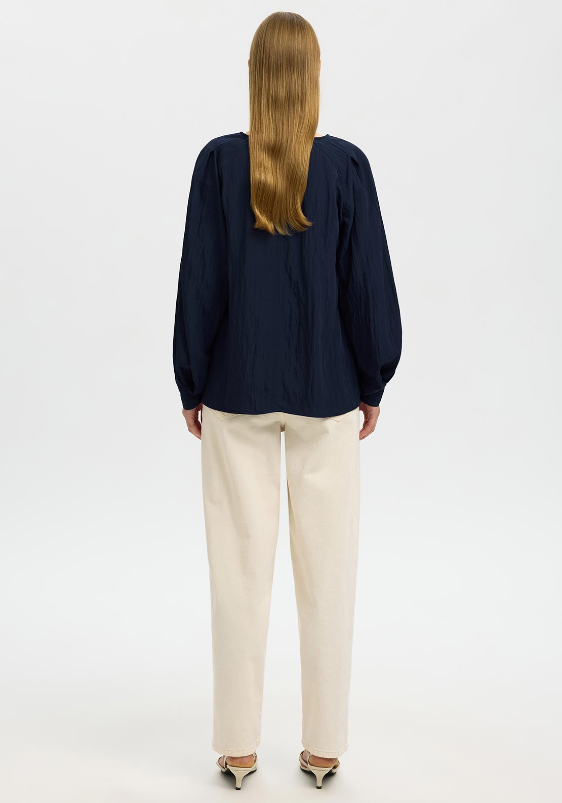 Selected Femme Fiona Deep V Long Sleeve Top, Navy
