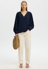Selected Femme Fiona Deep V Long Sleeve Top, Navy