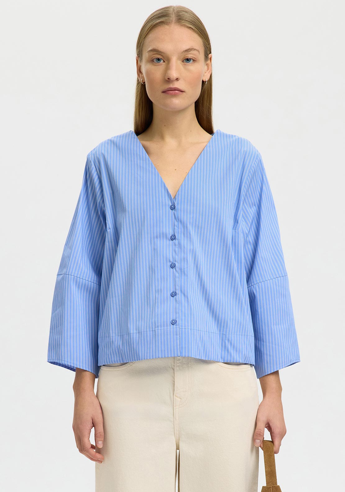 Selected Femme Deep V-Neck Striped Blouse, Blue