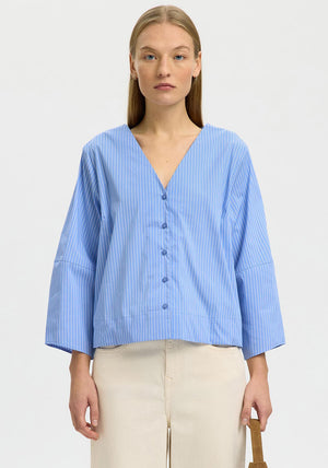 Selected Femme Deep V-Neck Striped Blouse, Blue