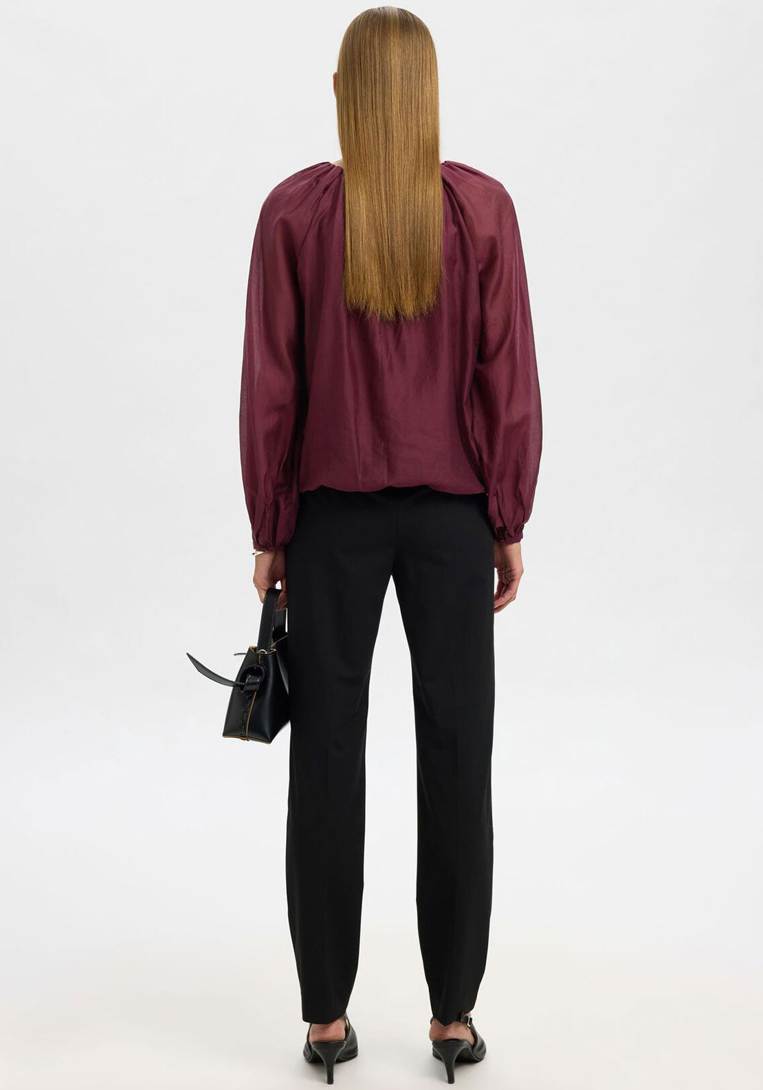 Selected Femme Semi Sheer Long Sleeve Blouse, Wine