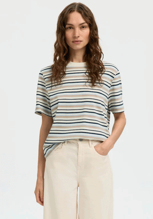 Selected Femme Essential Striped Boxy T-Shirt, Blue