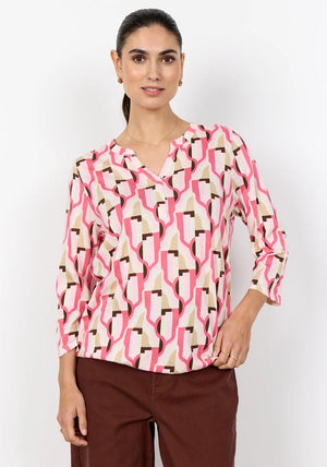 Soyaconcept Felicity Geometric Print V-Neck Blouse, Pink