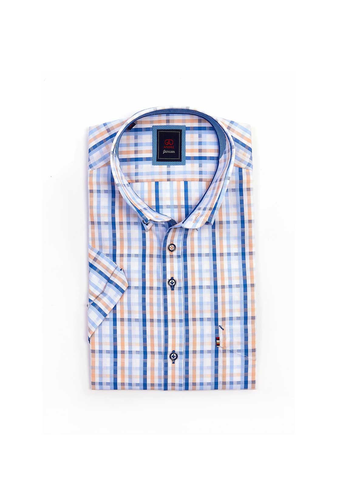 Andre Bremen Short Sleeve Check Shirt, Coral & Blue Multi