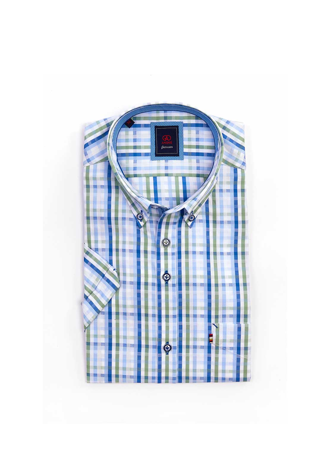 Andre Bremen Short Sleeve Check Shirt, Green & Blue Multi