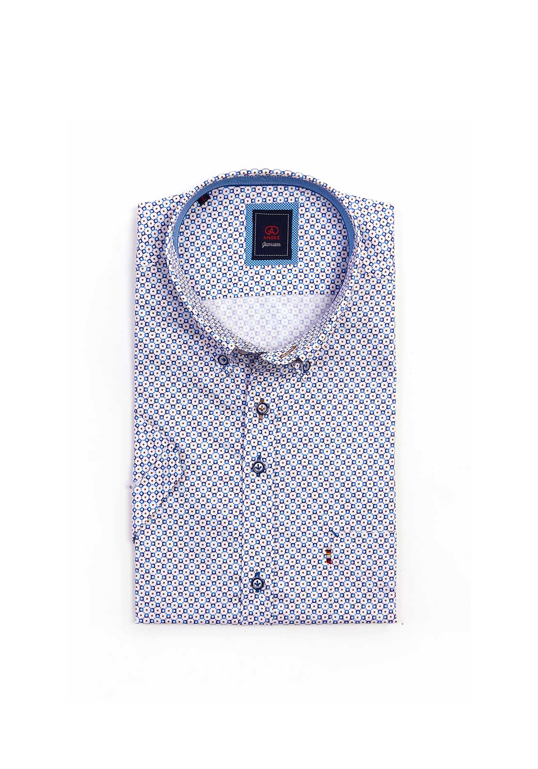 Andre Riga Geo Print Short Sleeve Shirt, Blue & Ecru