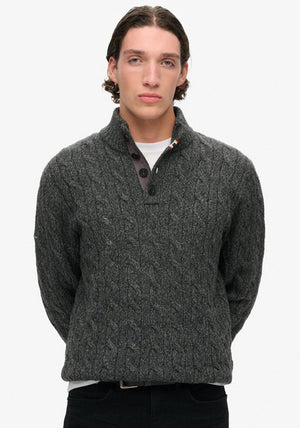 Superdry Cable Button Neck Jumper, Washed Black