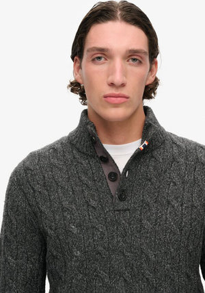 Superdry Cable Button Neck Jumper, Washed Black
