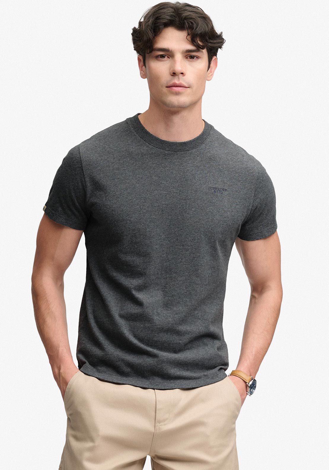 Superdry Essential Stacked Logo Embroidered T-Shirt, Stone Grey