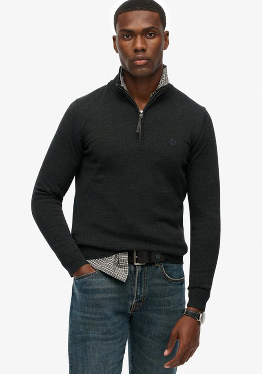 Superdry Essentials Cotton Half Zip Sweater, Charcoal Marl