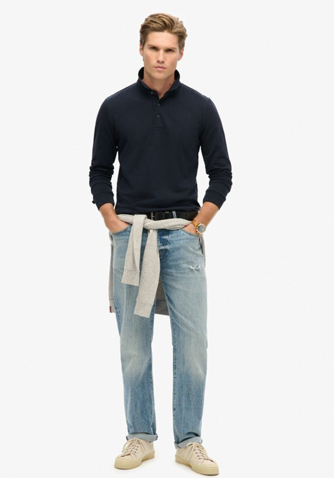 Superdry Long Sleeve Pique Polo Shirt, Eclipse Navy