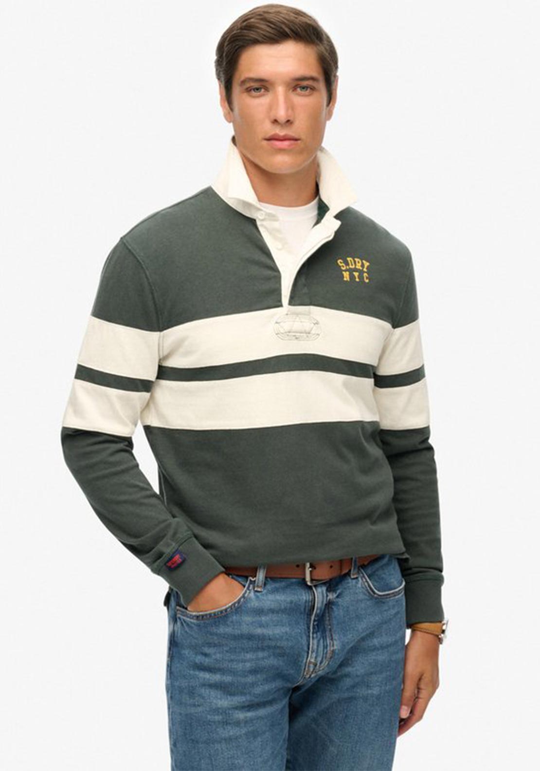 Superdry Vintage Athletic Stripe Rugby Shirt, Green - McElhinneys