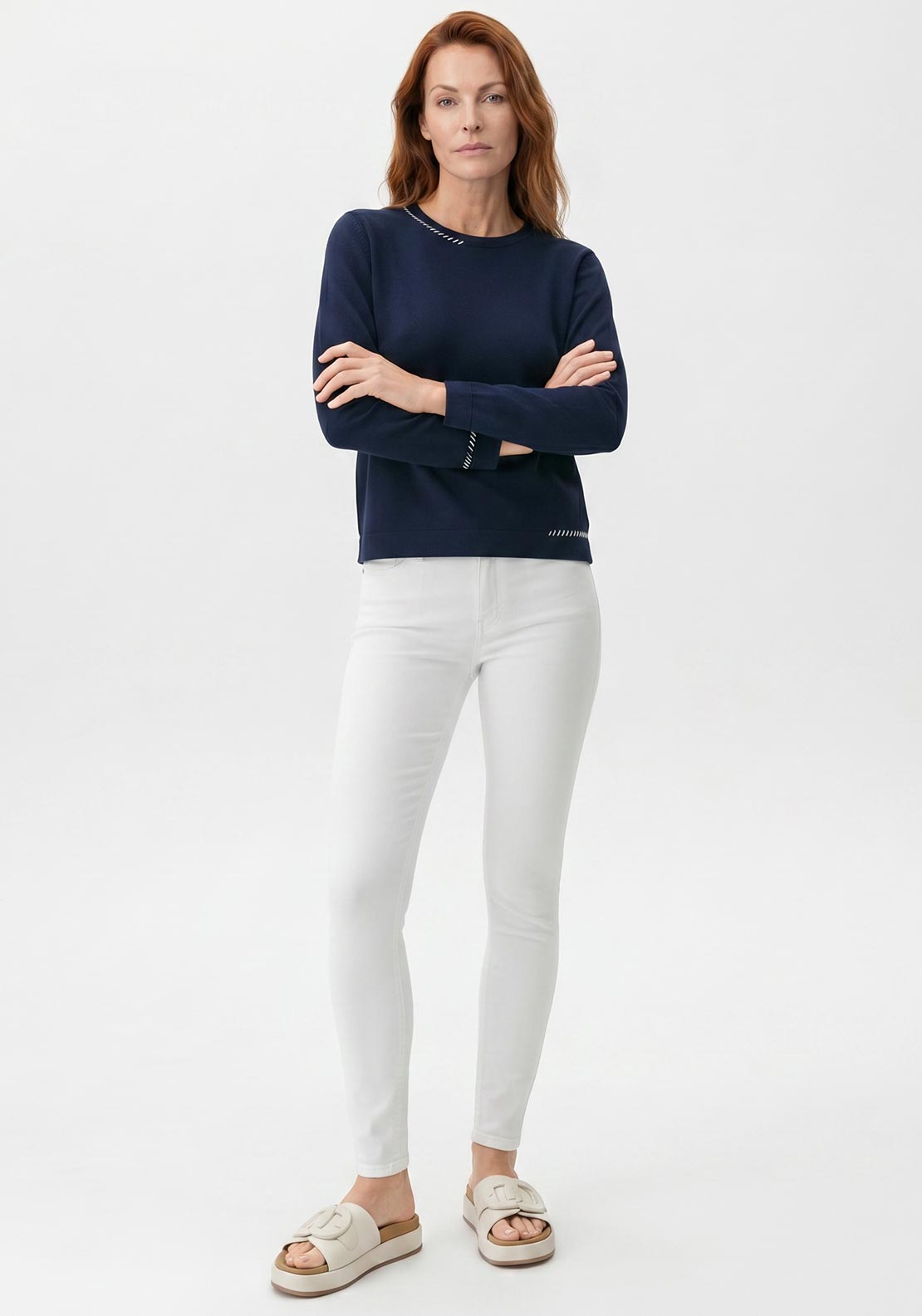 Rabe Knit Stitch Detail Cropped Sleeve Jumper, Navy