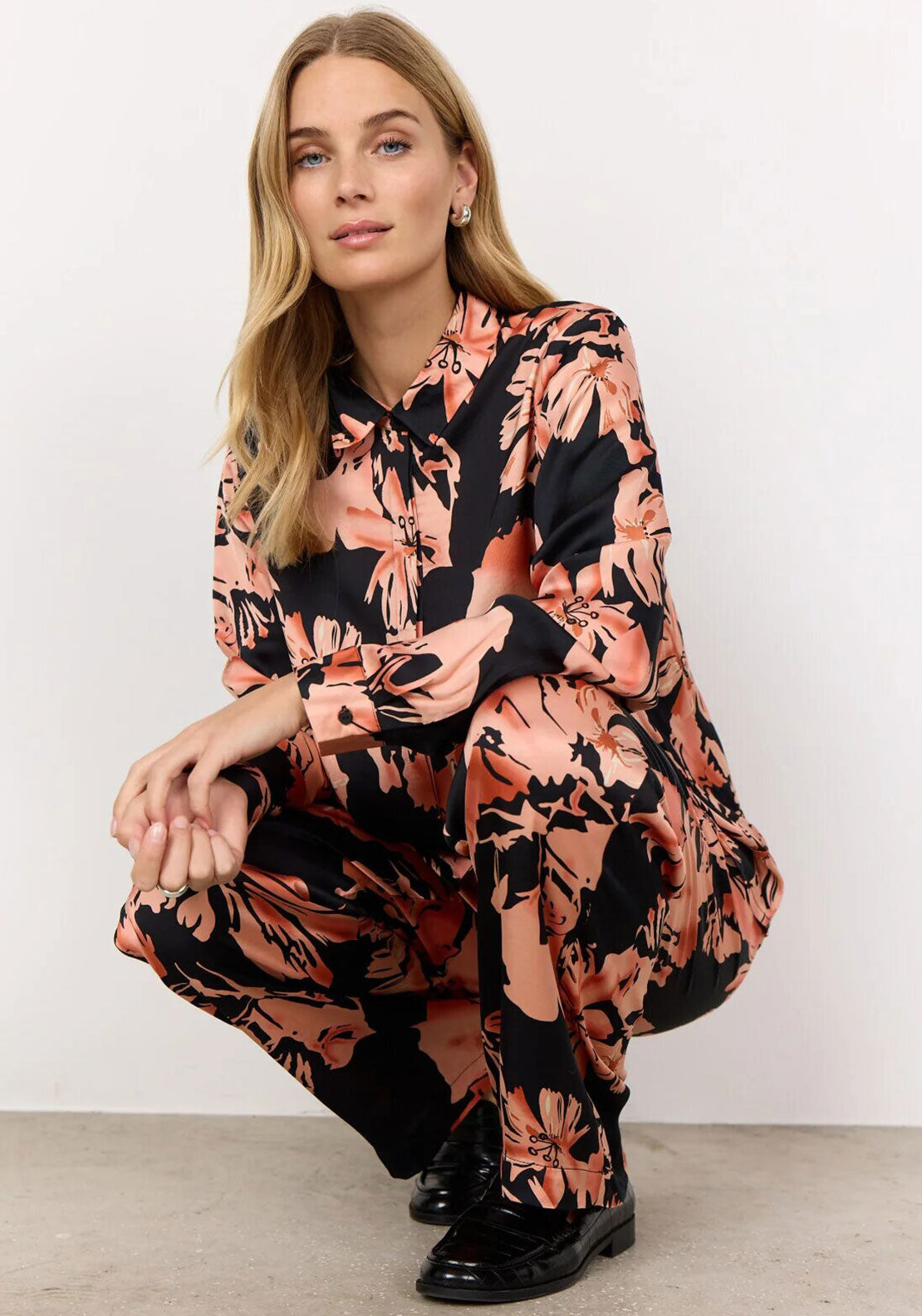 Soyaconcept Peach Floral Satin Shirt, Coral