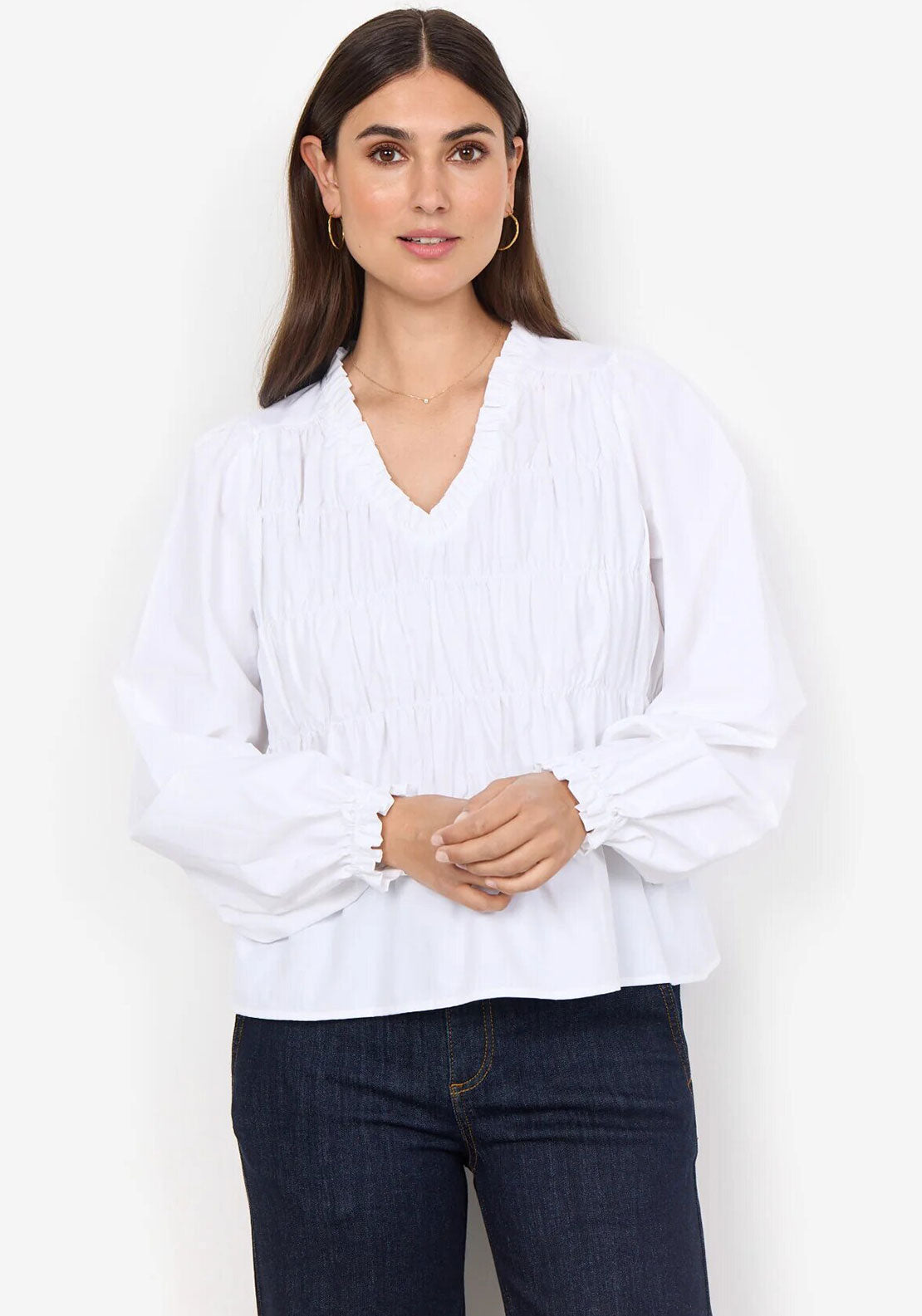 Soyaconcept Nettu Shirred Frill Neck Blouse, White