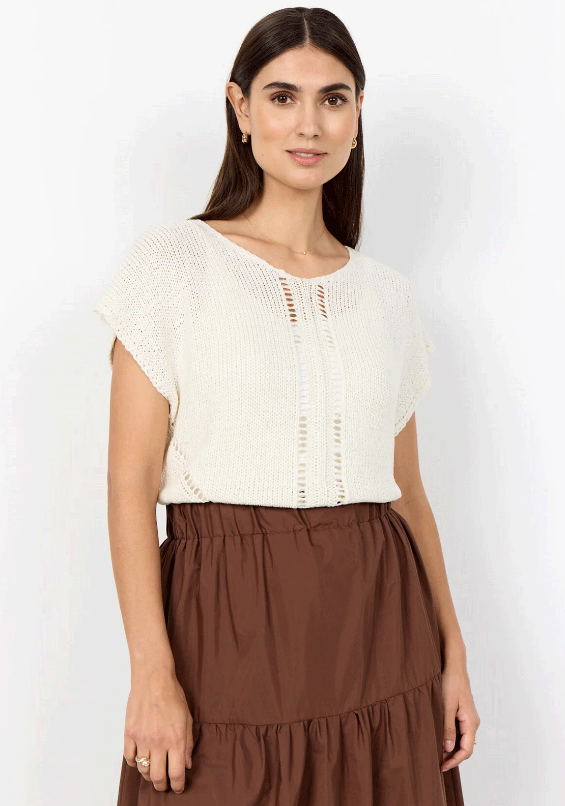 Soyaconcept Carynn Wide Knit Short Sleeve Top, Cream