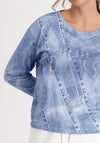 Monari Rhinestone Denim Print Sweatshirt, Blue
