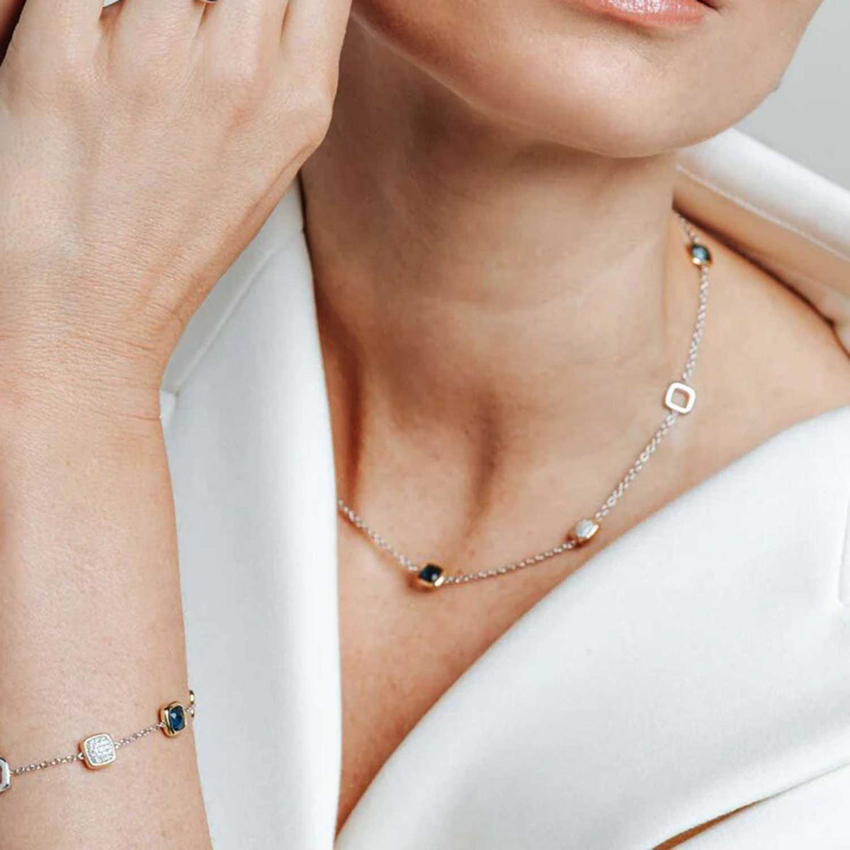 Ti Sento Cushion Cut Multi Stone Necklace, Silver & Gold