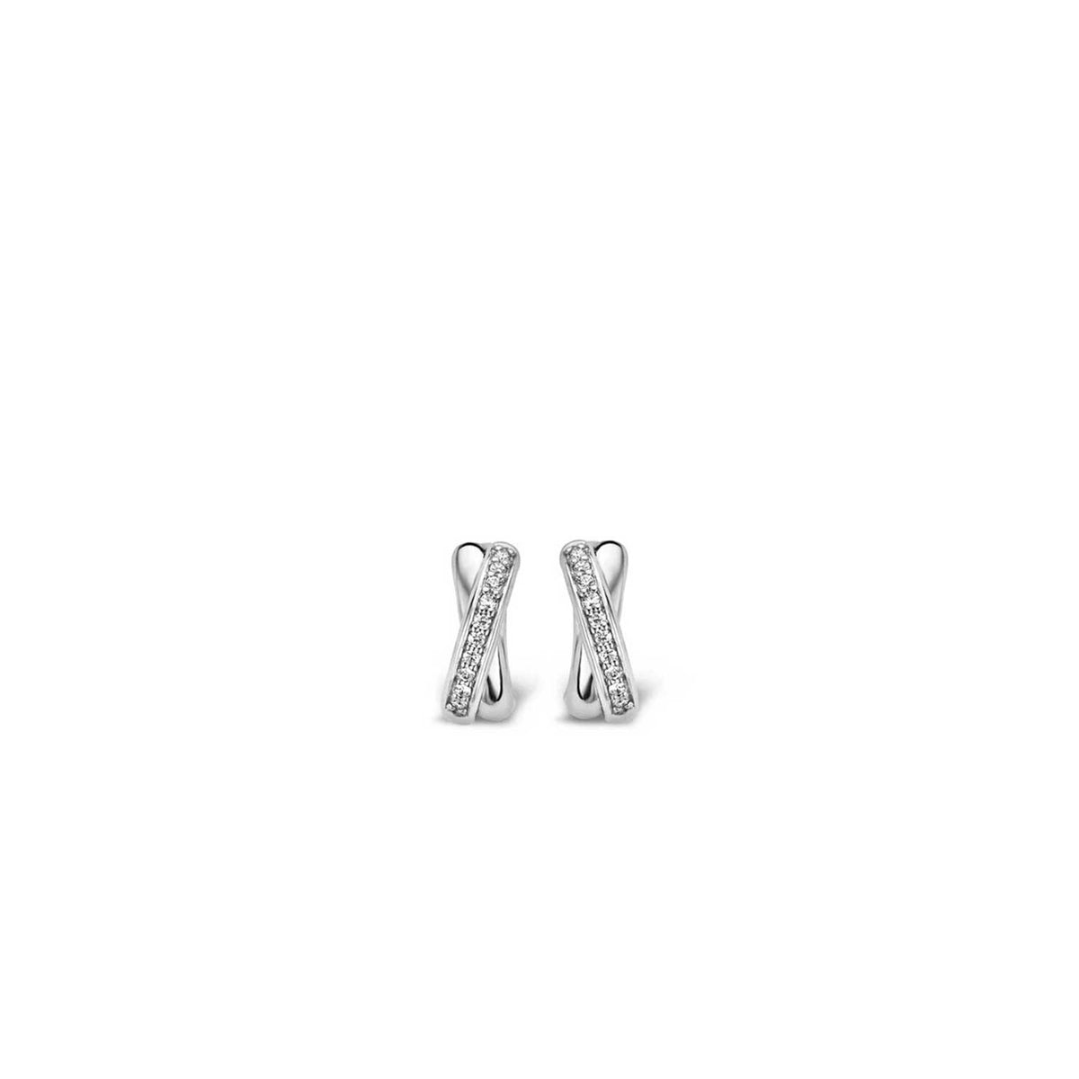 Ti Sento CZ Crossed Huggie Hoops, Silver