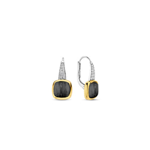Ti Sento Grey Blue Pearl Cushion CZ Drop Earrings, Gold
