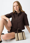Tiffosi Cropped Floral Embroidery Short Sleeve Shirt, Brown