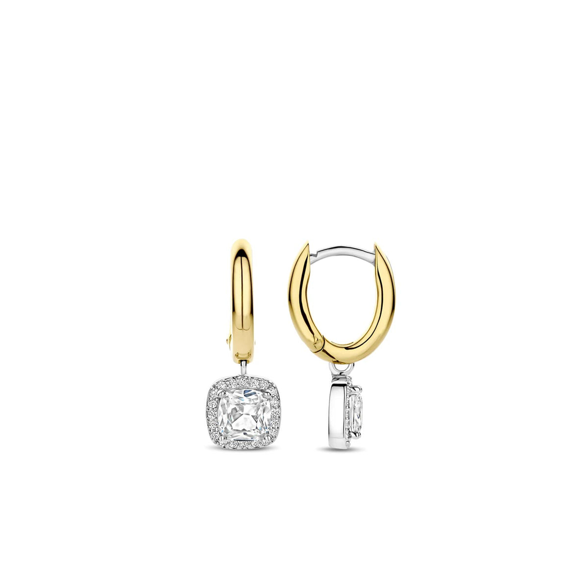 Ti Sento CZ Cushion Cut Gold Hoop Earrings, Gold and Silver