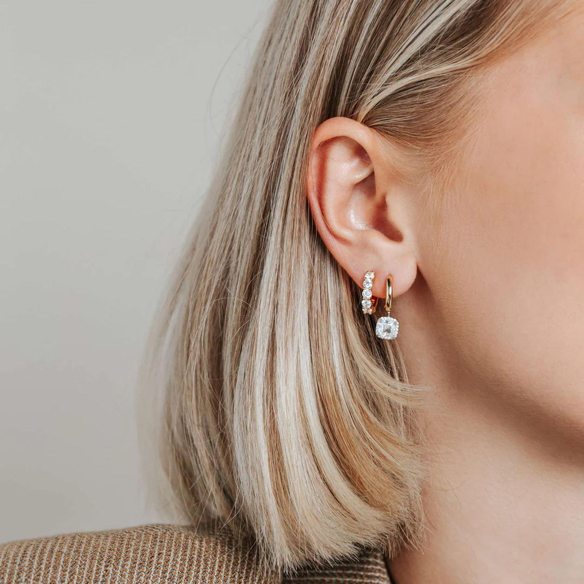 Ti Sento CZ Cushion Cut Gold Hoop Earrings, Gold and Silver