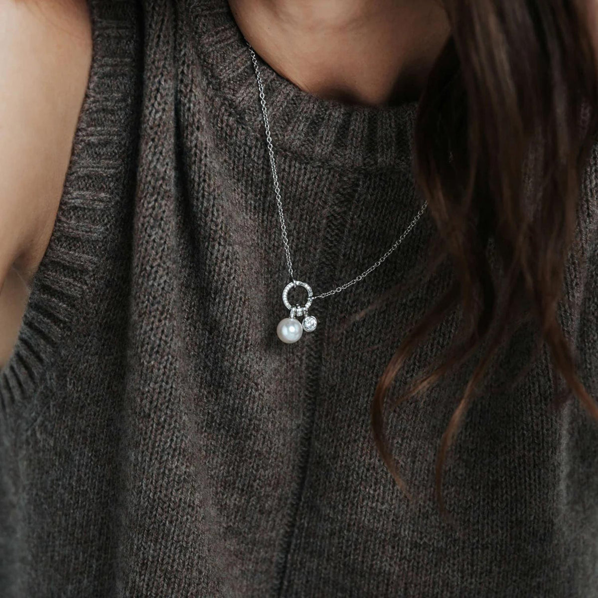 Ti Sento Pearl & CZ Charm Pendant Necklace, Silver