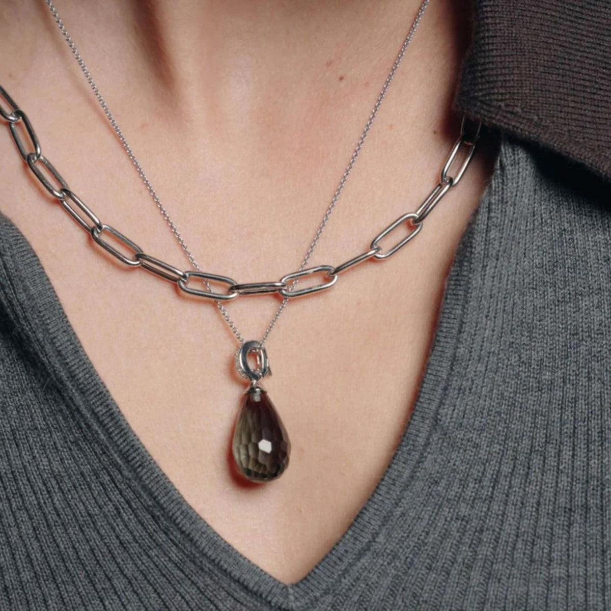 Ti Sento Teardrop Grey Stone Pendant Necklace, Silver
