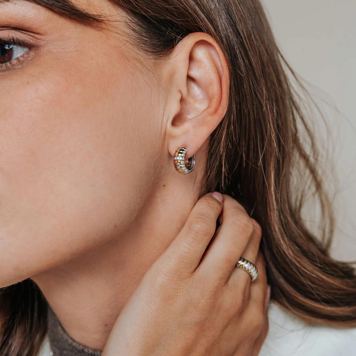 Ti Sento Two Toned Ribbed Hoop Earrings, Silver