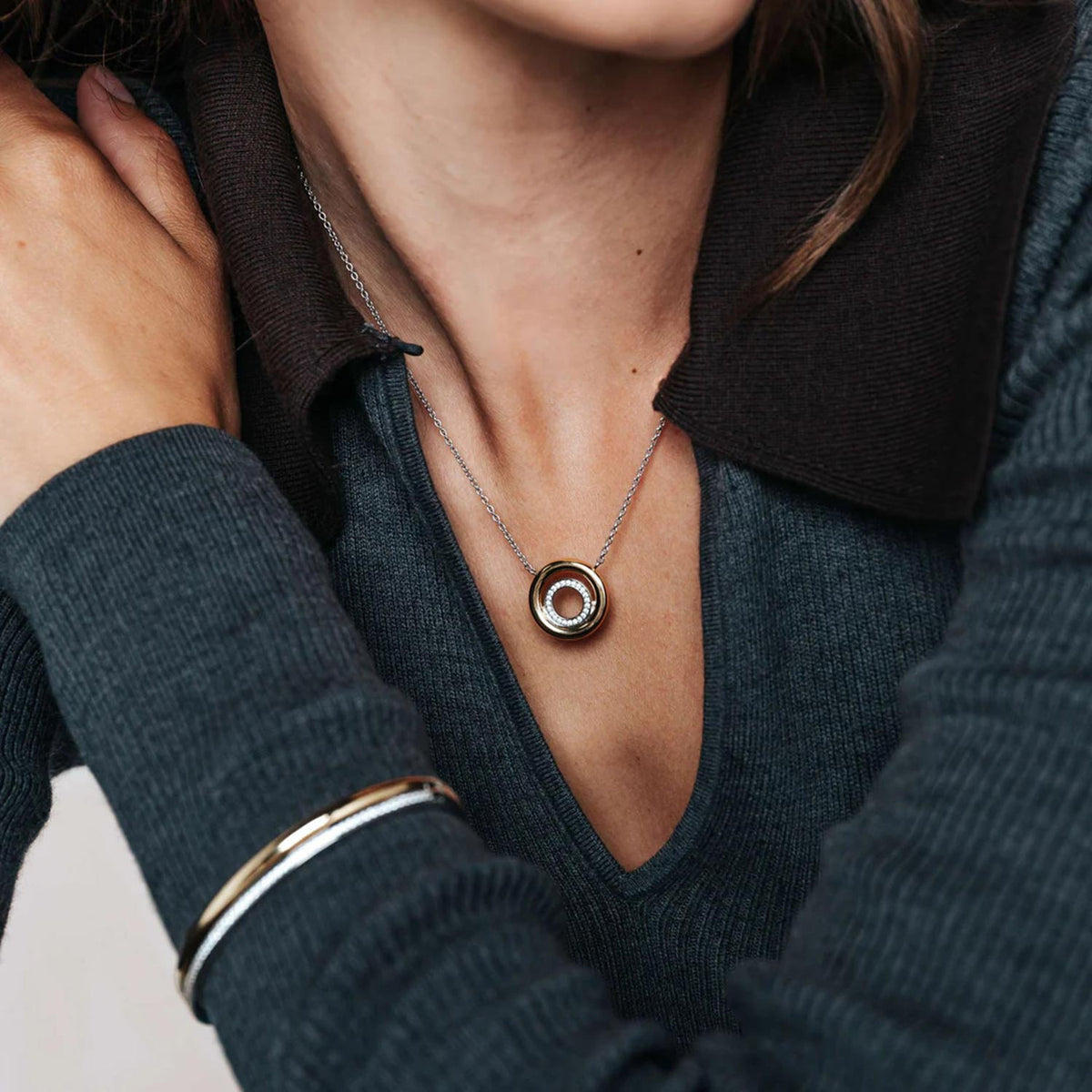 Ti Sento Two Tones Double Circle Necklace, Gold and Silver