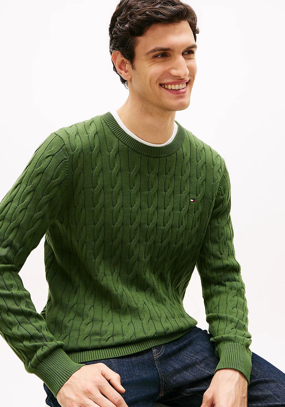 Tommy Hilfiger Cable Knit Crew Neck Sweater, Pine Green