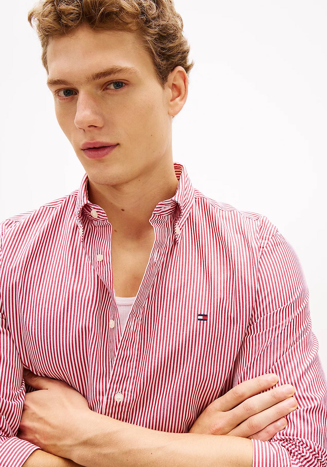 Tommy Hilfiger Flex Poplin Stripe Shirt, Medium Red & White