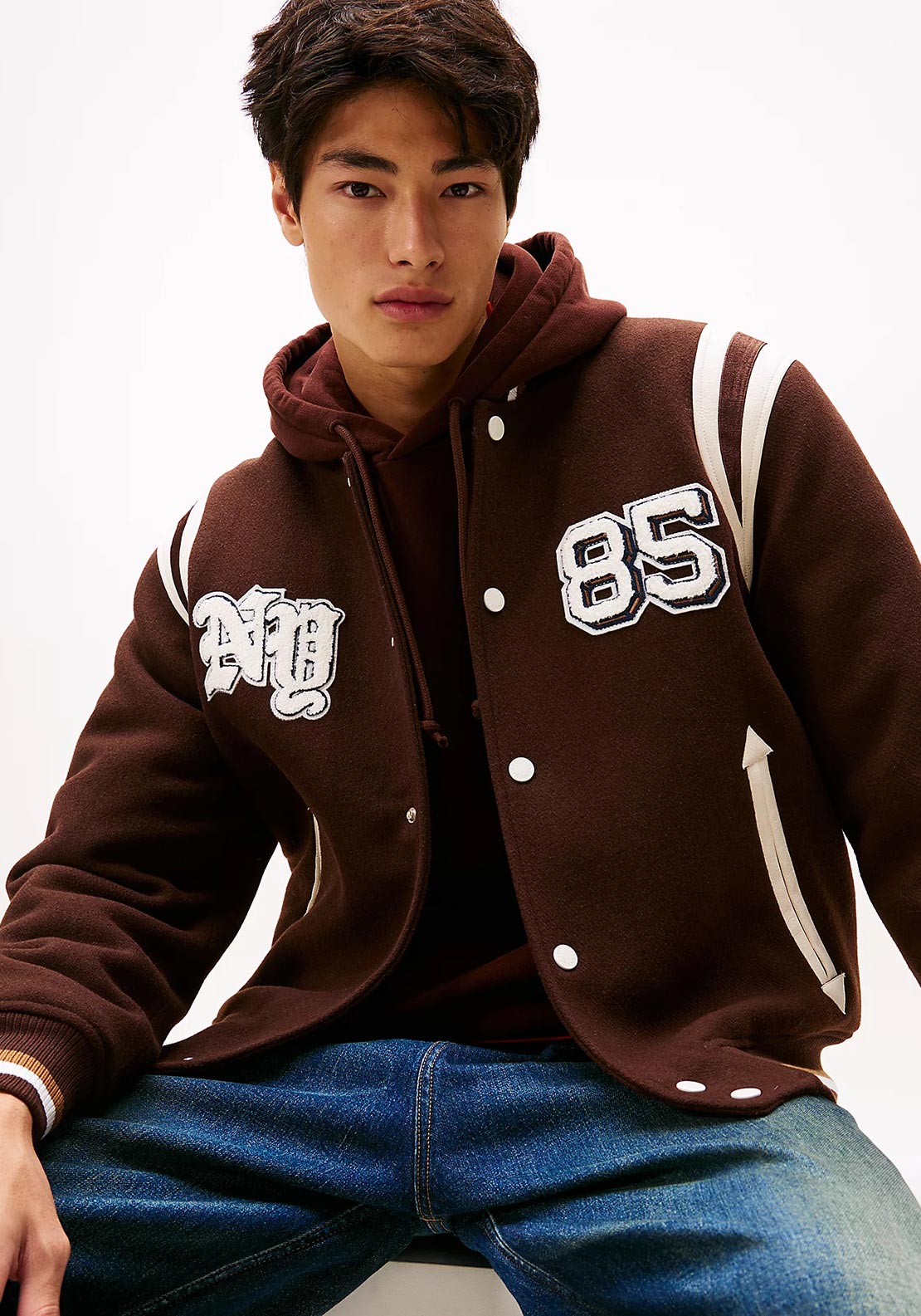 Tommy Jeans Varsity Logo Applique Bomber Jacket, Brown