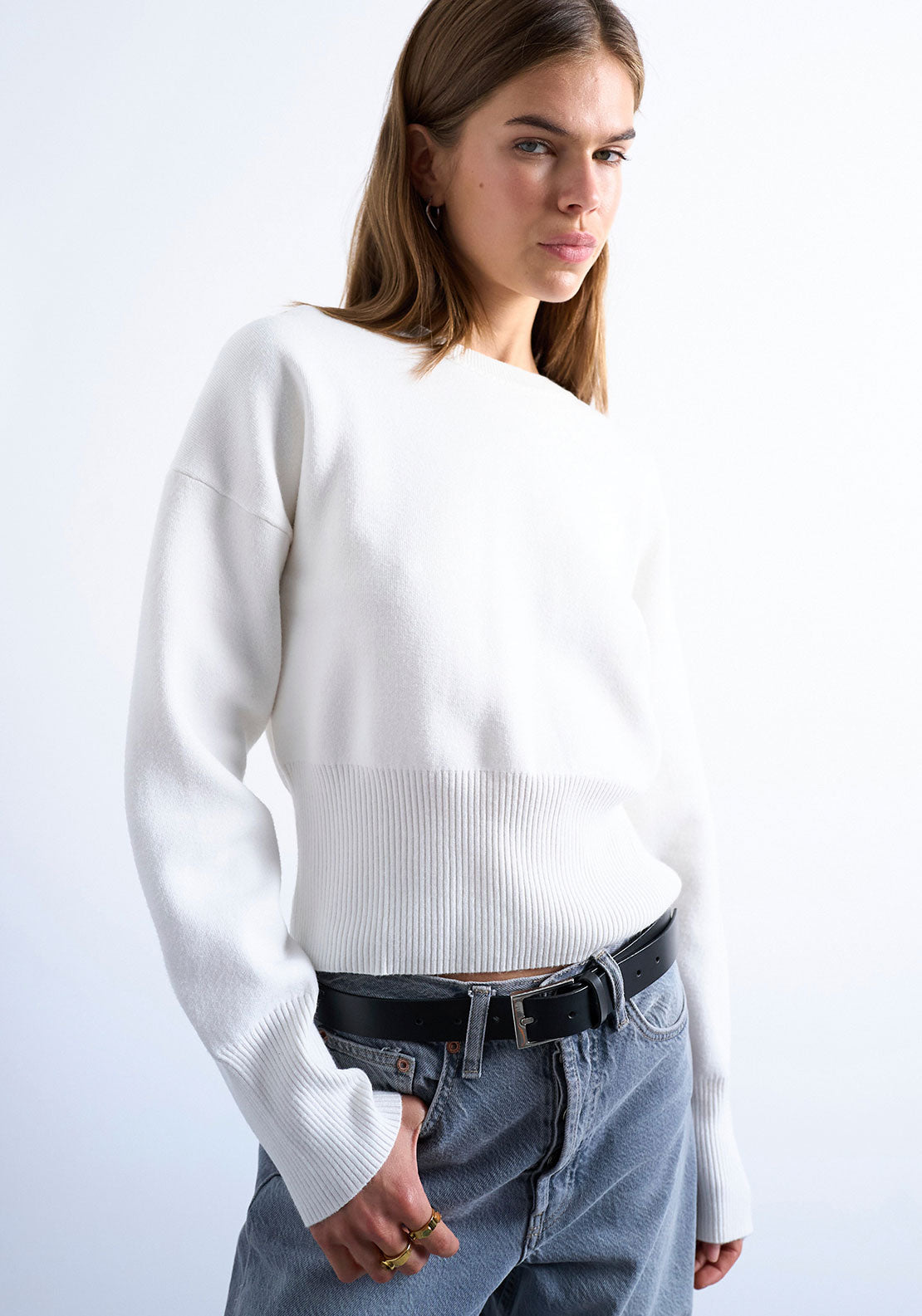 TOPSHOP Belle Round Neck Knit Sweater, Cream