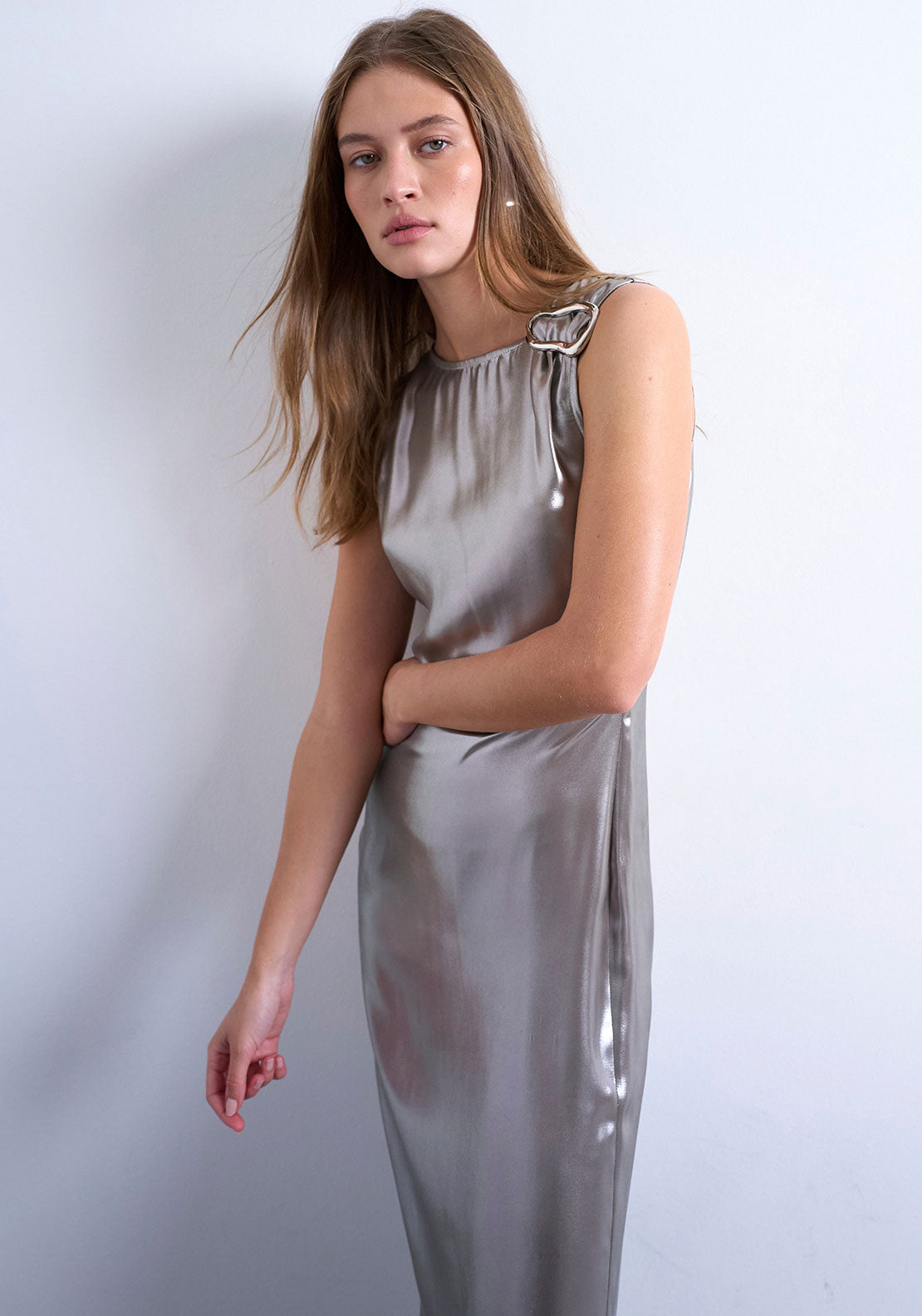 TOPSHOP Eva Metallic Ruched Midi Dress, Silver