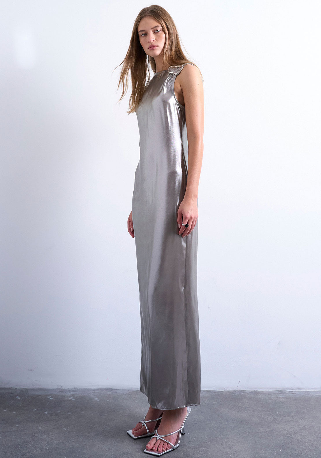 TOPSHOP Eva Metallic Ruched Midi Dress, Silver
