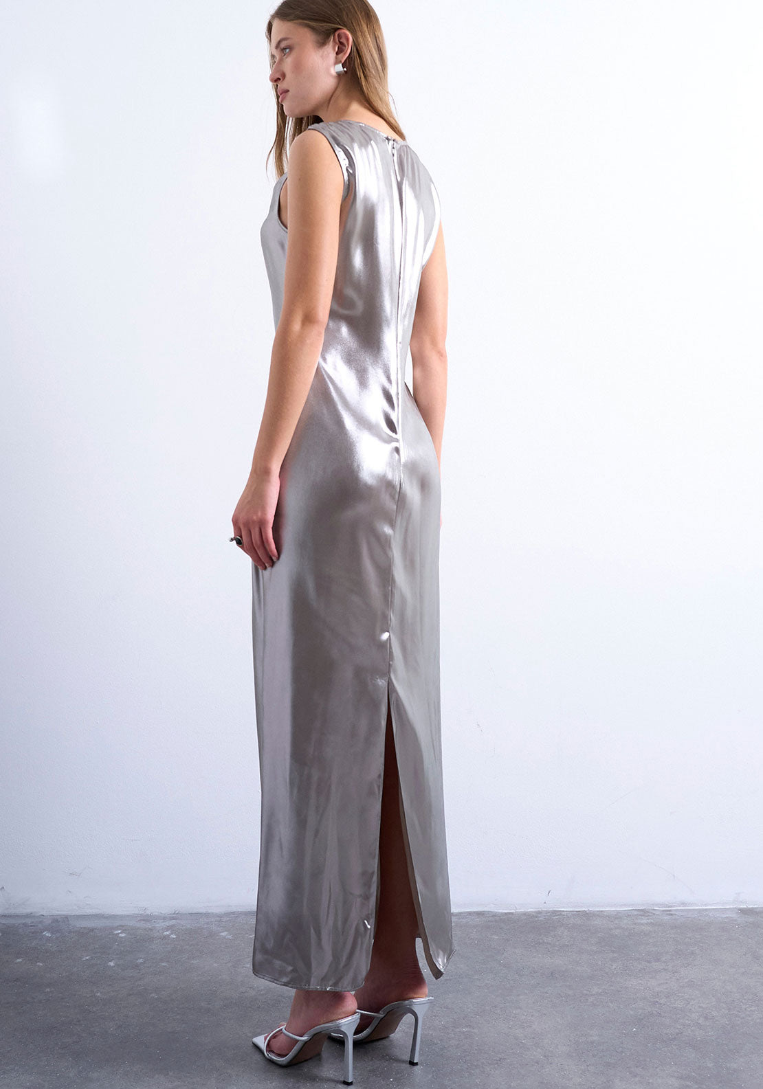 TOPSHOP Eva Metallic Ruched Midi Dress, Silver