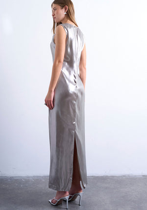TOPSHOP Eva Metallic Ruched Midi Dress, Silver
