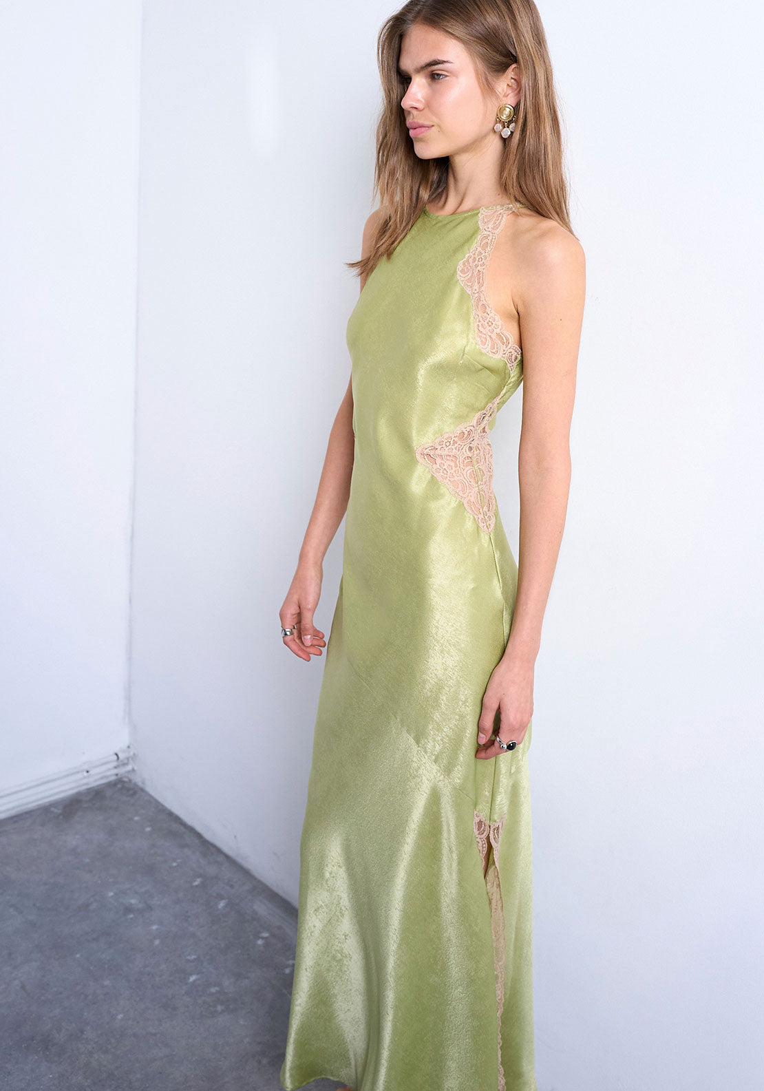 TOPSHOP Jane Sheer Lace Panel Long Dress, Green