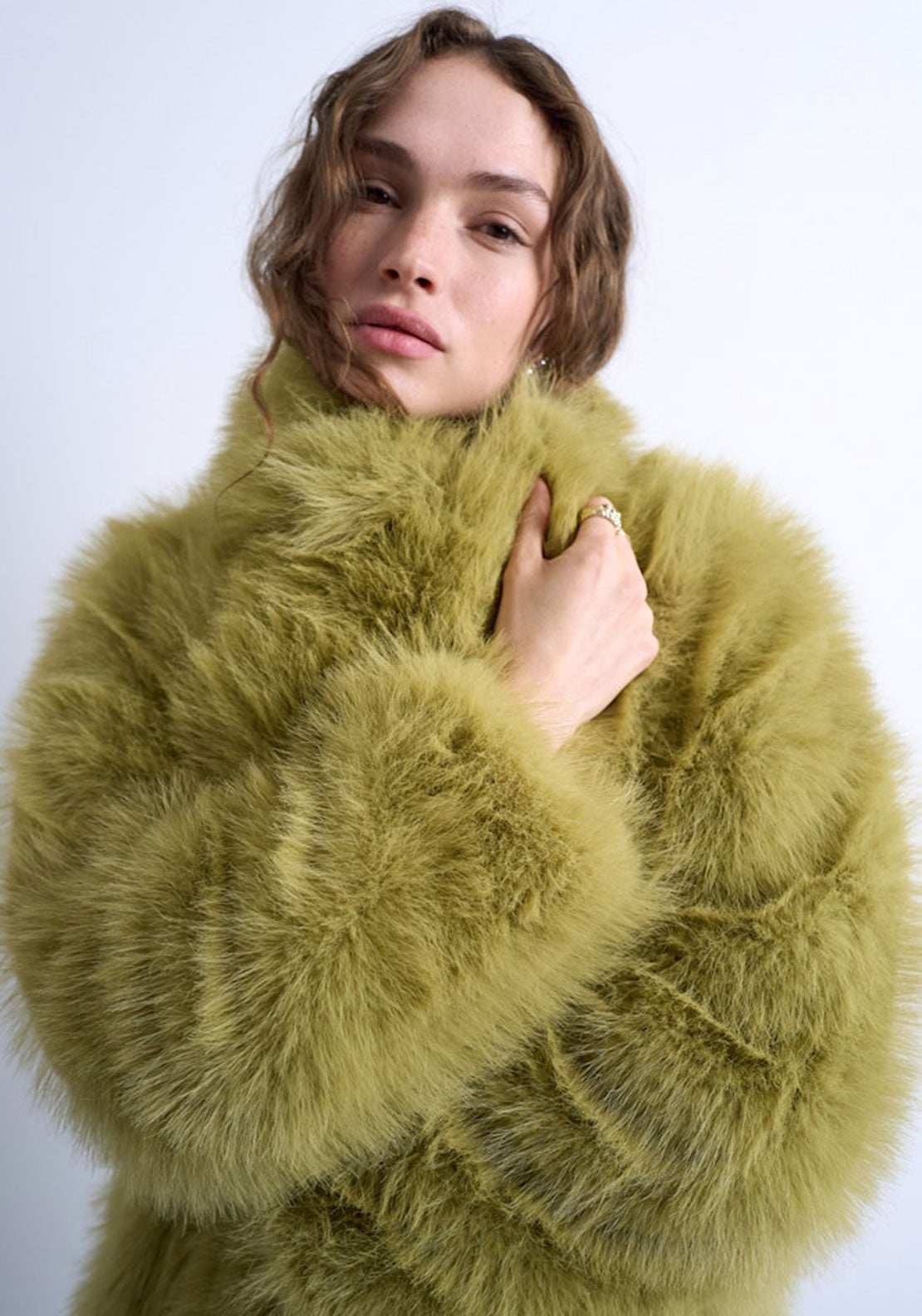 TOPSHOP Alia Faux Fur Long Coat, Green