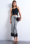 TOPSHOP Dory Metallic Midi Skirt With Lace Hem, Silver