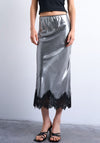TOPSHOP Dory Metallic Midi Skirt With Lace Hem, Silver