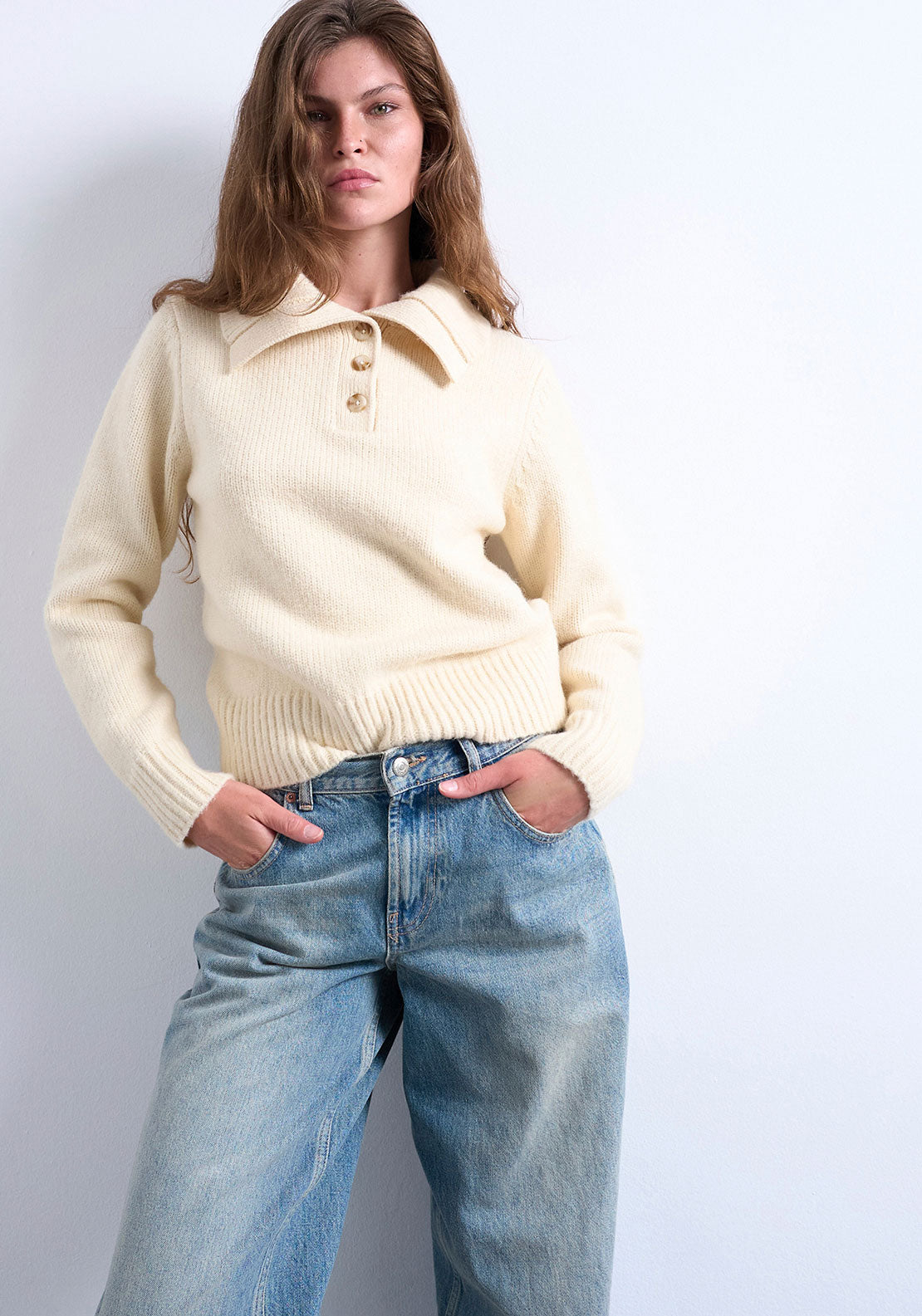 TOPSHOP Pam Knit Polo Collar Jumper, Cream
