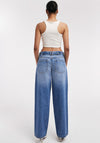 TOPSHOP Cinch Wide Leg Washed Low Rise Jeans, Medium Blue Denim