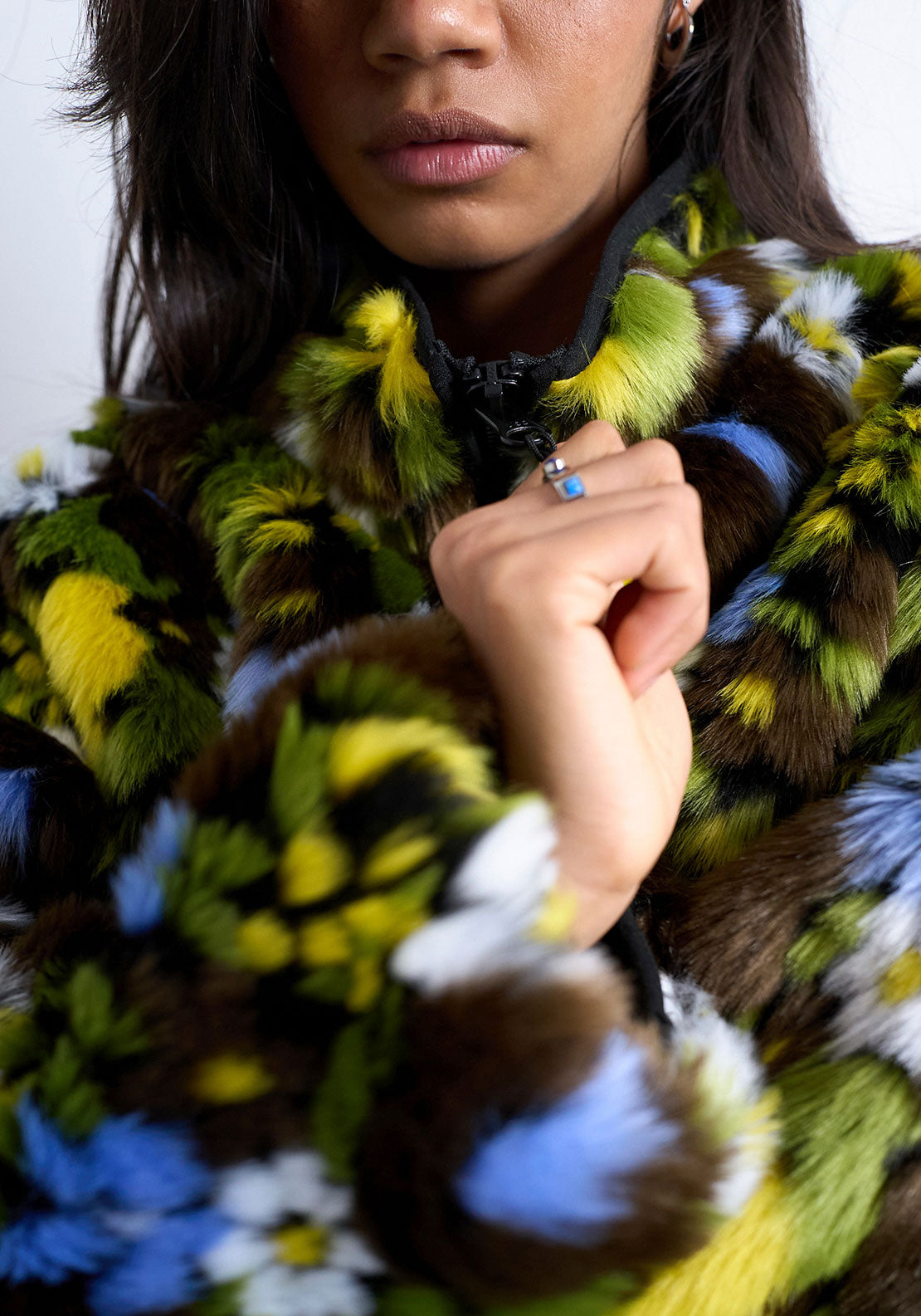 TOPSHOP Celia Flower Faux Fur Bomber Jacket, Green - McElhinneys