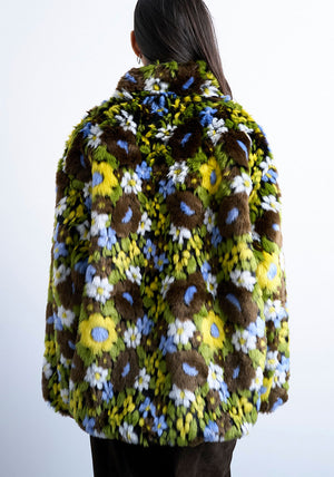 TOPSHOP Celia Flower Faux Fur Bomber Jacket, Green
