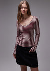 TOPSHOP Katrina Ribbed Striped Top, Wine & Pink